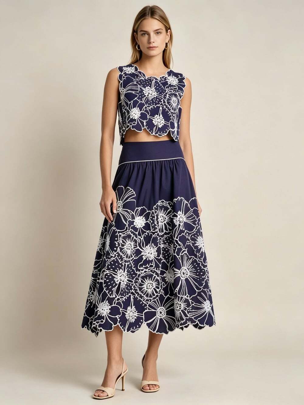 $298 NWT Farm Rio Floral Embroidered Navy Blue Midi Skirt Size M